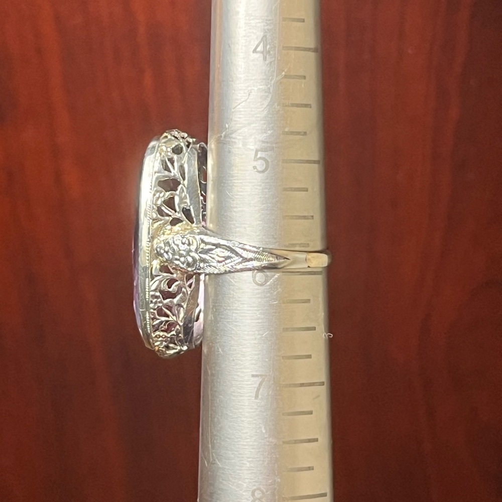 ANTIQUE 18K WHITE GOLD FILIGREE RING with FINE NATURAL AMETHYST,ART DECO,1920's - Picture 4 of 9